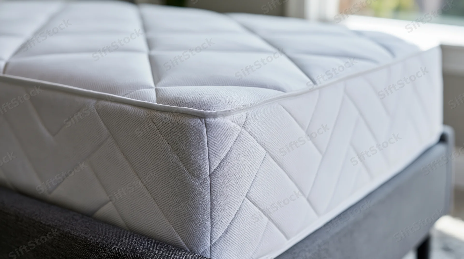 Corner of a white quilted mattress on a dark grey bed frame