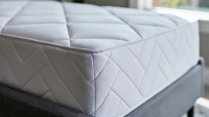Corner of a white quilted mattress on a dark grey bed frame