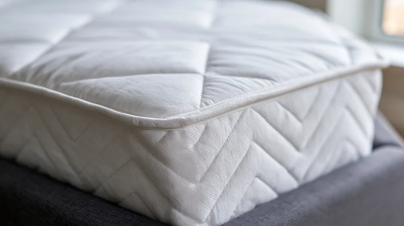 Corner of a white quilted mattress resting on a dark grey bed