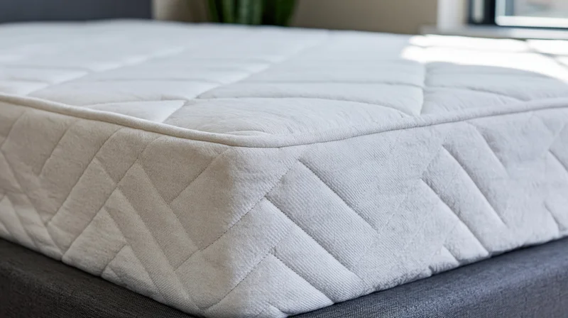 Corner of a white quilted mattress on a dark grey bed in a bedroom