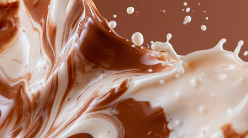 Liquid chocolate and cream splashing together in mid-motion swirl