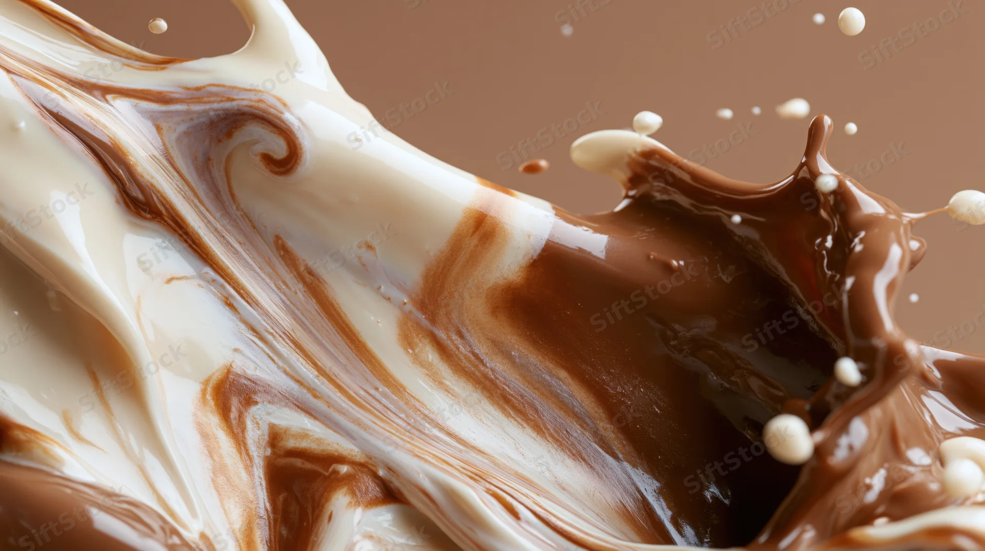 Cream and liquid chocolate splashing together in mid-motion swirl