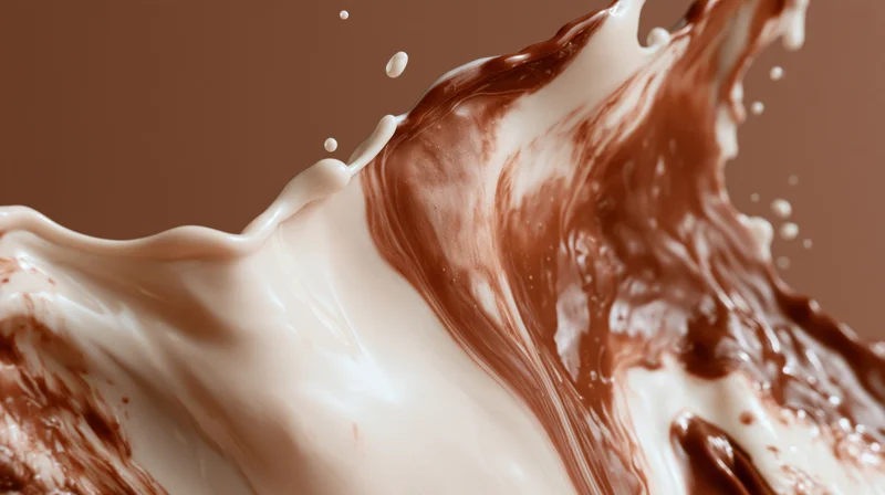 Chocolate and cream splashing together in mid-motion swirl against a brown background