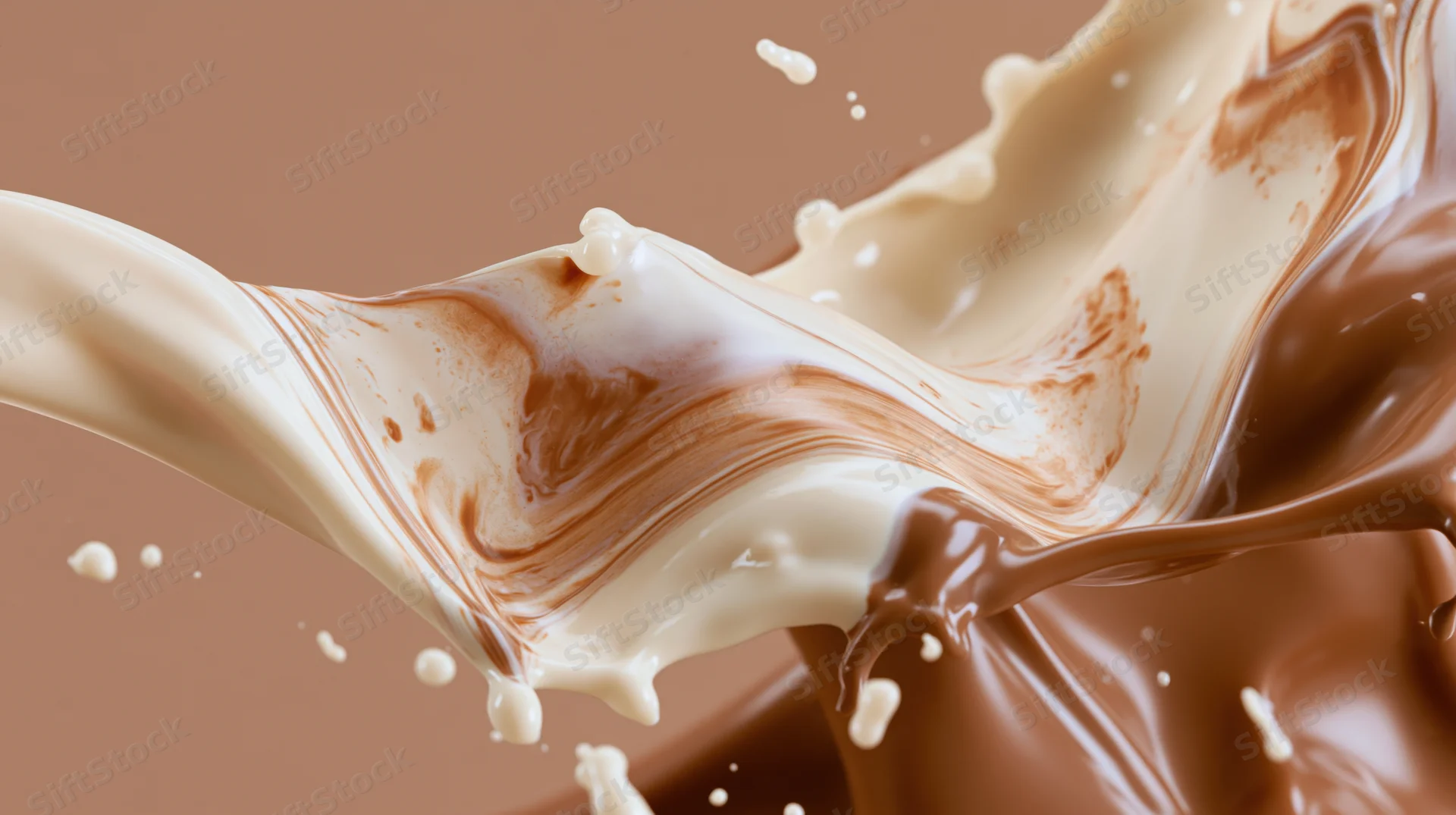 Chocolate and cream splashing together in mid-motion swirl against a plain background
