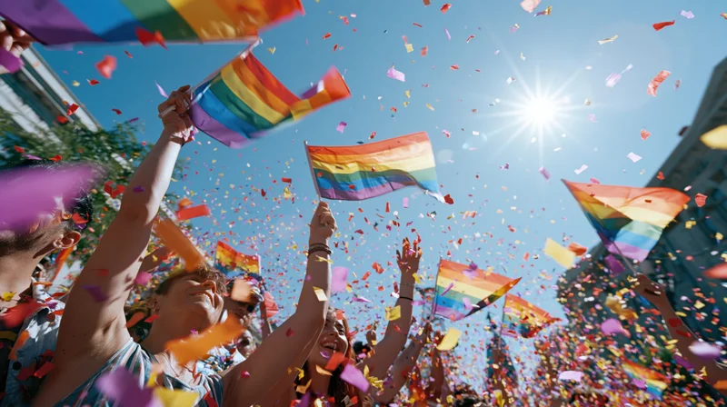 People waving rainbow flags amidst falling confetti at outdoor pride parade under bright sun