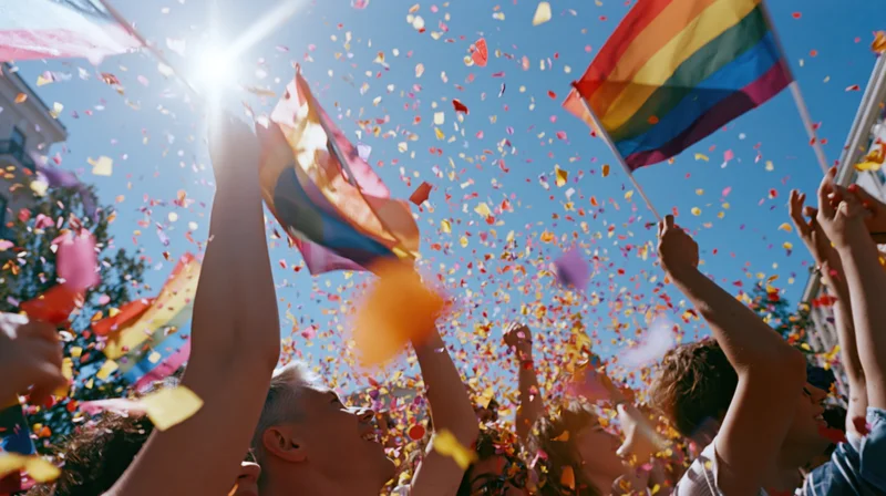 People waving rainbow flags and throwing confetti in a pride parade outdoors