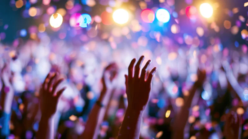 Silhouetted hands raised in a crowd at a concert under colorful stage lights