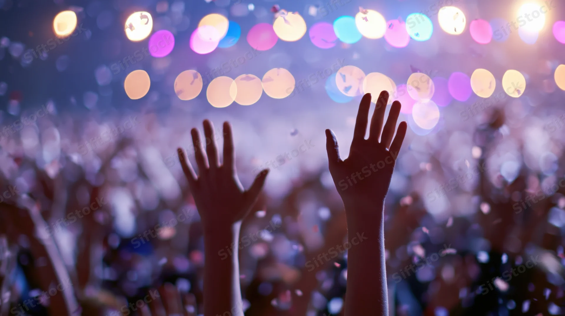 Silhouetted hands raised in a crowd at a concert under colorful stage lights