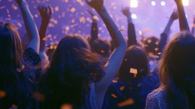 Young people dancing with arms raised at an indoor nightclub concert under purple lights and falling confetti