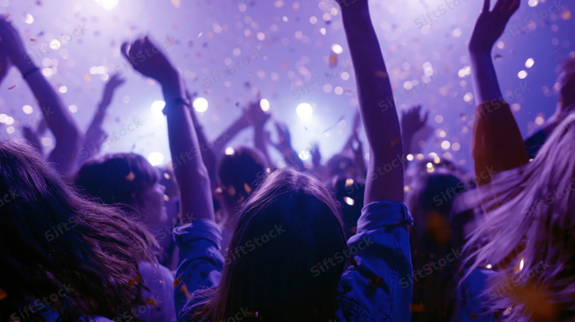 Crowd of young people dancing with arms raised at indoor nightclub concert under purple lights and falling confetti