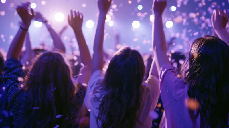 Young women with arms raised dancing at a concert in a nightclub