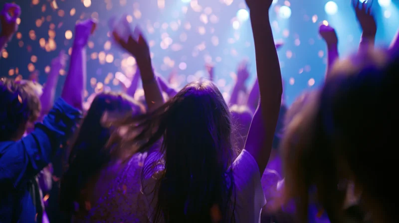 Crowd of young people dancing at an indoor nightclub concert