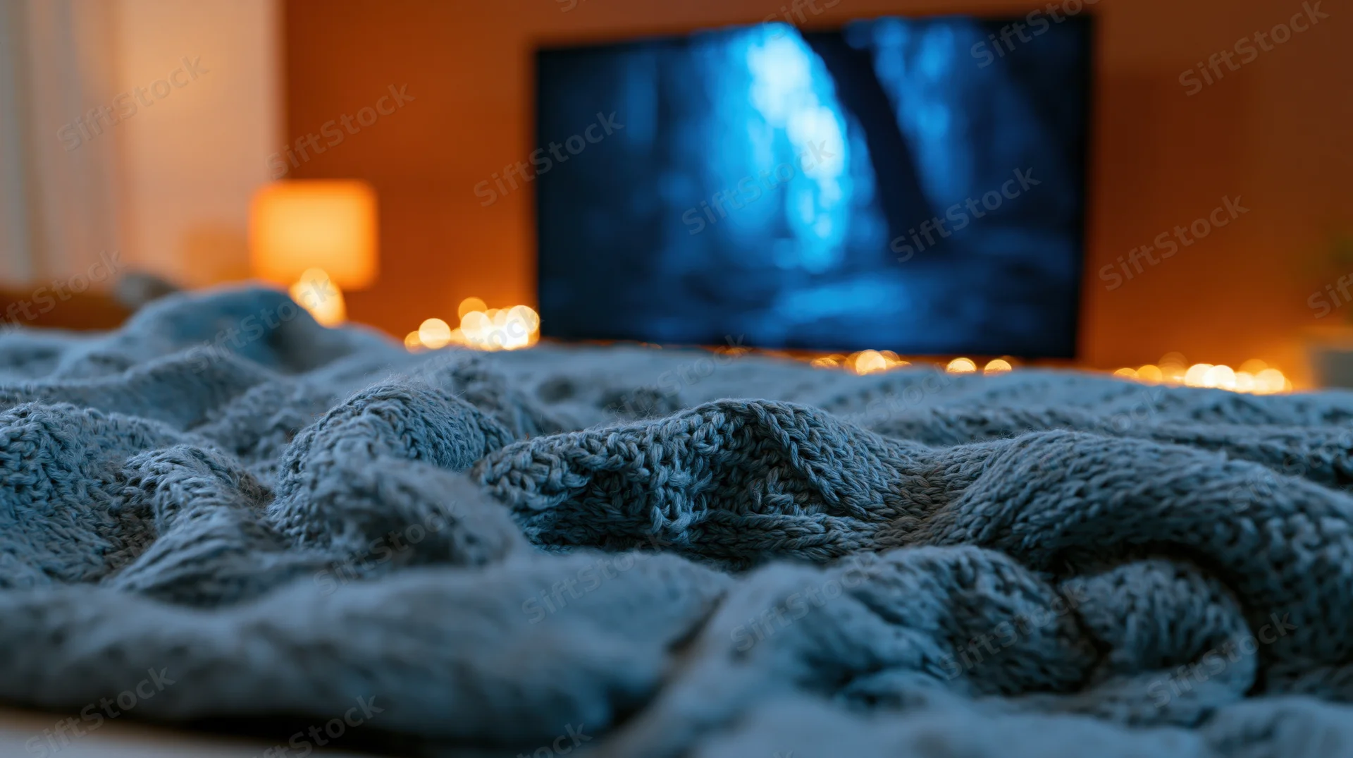 Crumpled blue knit blanket in foreground with television showing forest scene in dimly lit living room