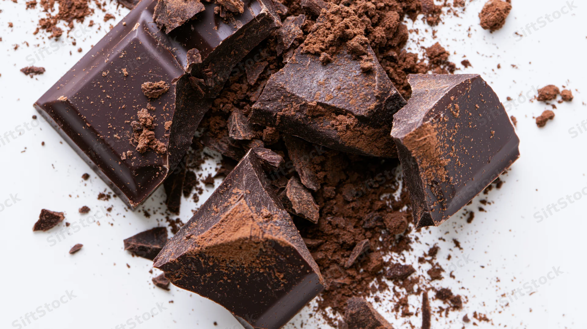 Shattered dark chocolate bar with cocoa powder scattered on white surface