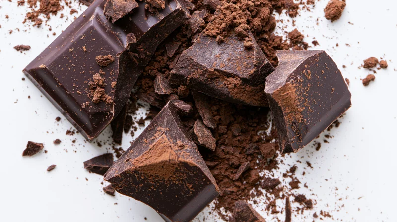 Shattered dark chocolate bar with cocoa powder scattered on white surface