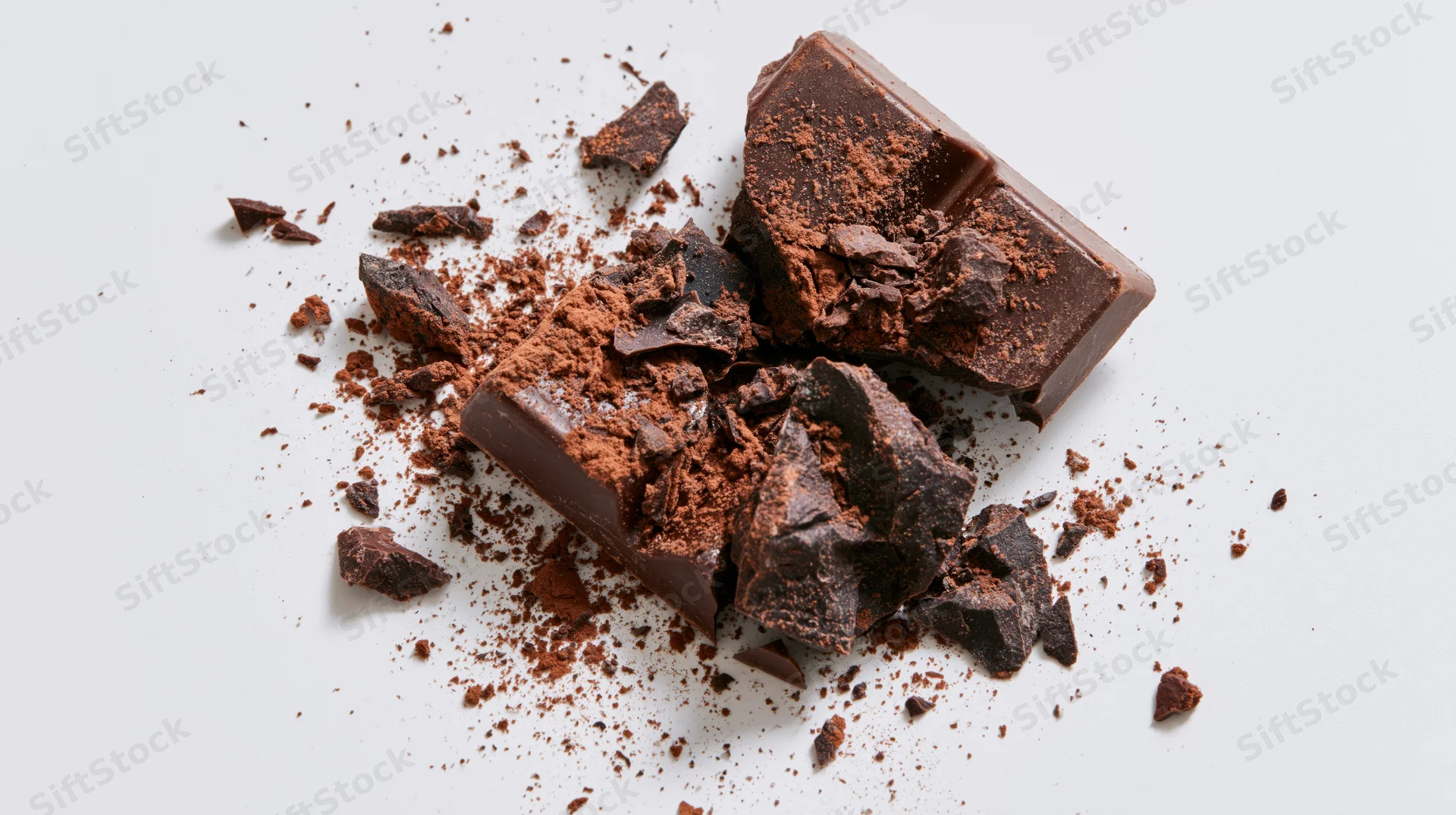 Shattered dark chocolate bar with cocoa powder scattered on white surface