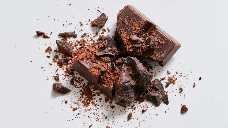Shattered dark chocolate bar with cocoa powder scattered on white surface