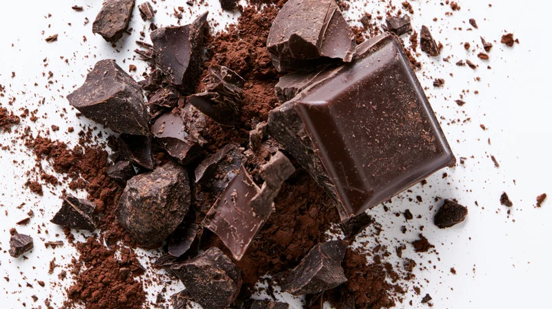 Dark chocolate bar shattered into jagged chunks and powder on white background