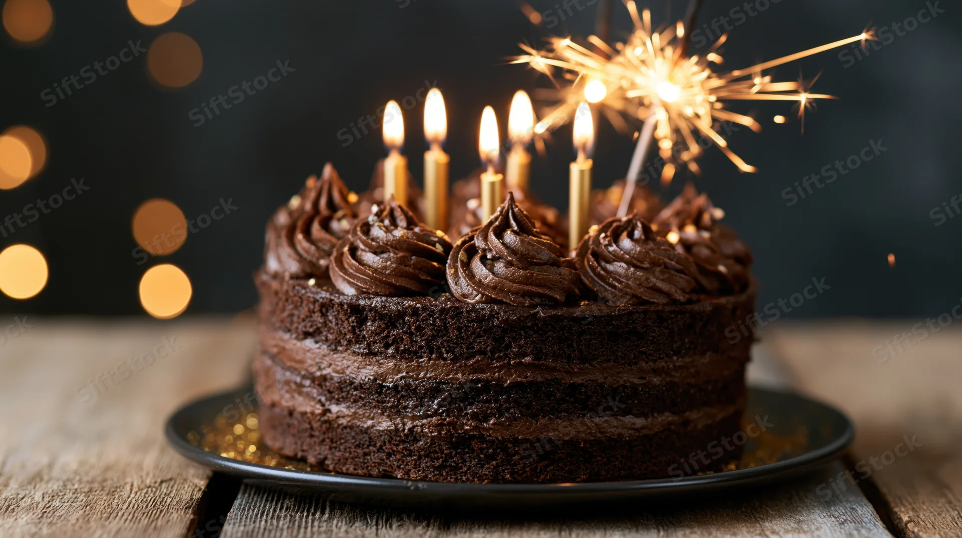 Chocolate layer cake with lit candles and sparkler on rustic wooden table