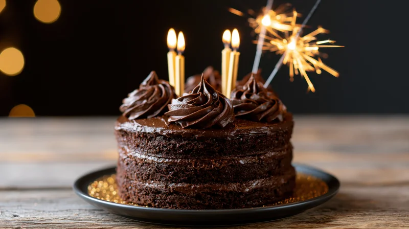 Chocolate layer cake with lit candles and sparkler on rustic wooden table