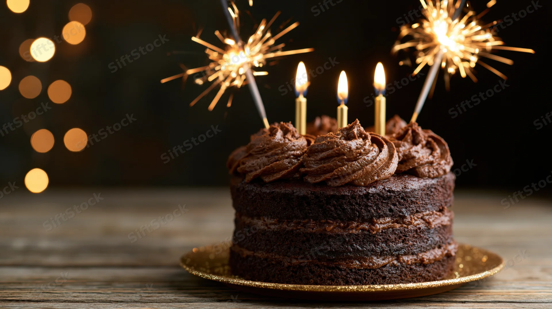 Chocolate layer cake with lit candles and sparklers on a wooden table