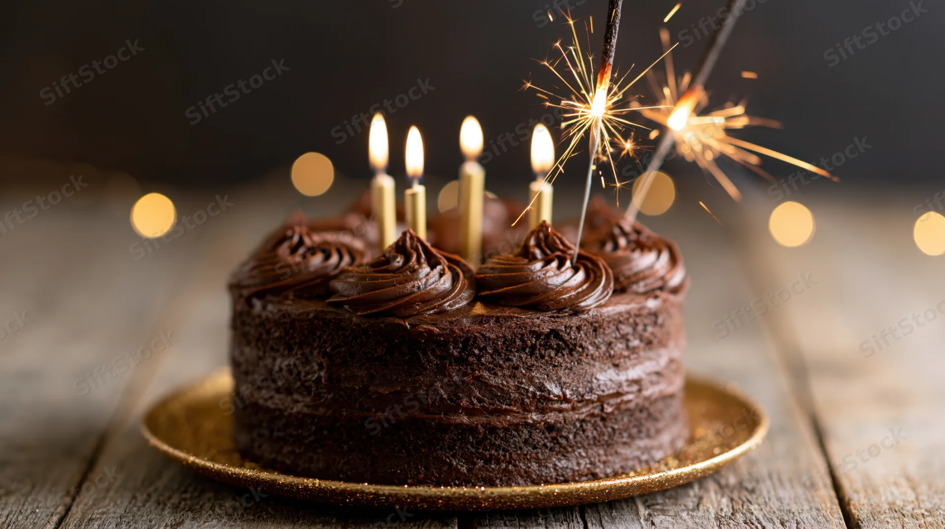 Chocolate layer cake with lit candles and sparklers on a rustic wooden table