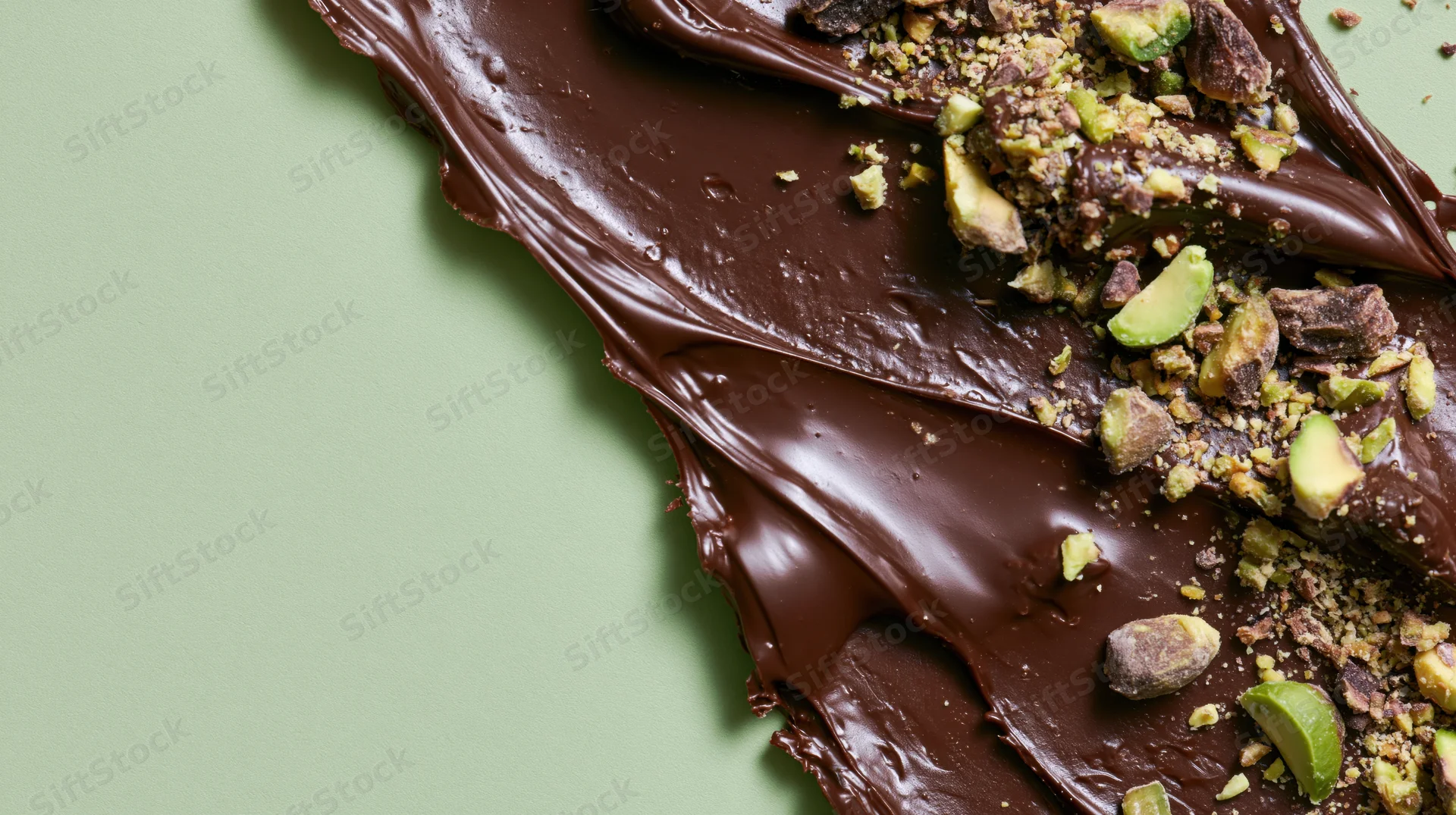 Dark chocolate smeared and drizzled with crushed pistachios on a green surface