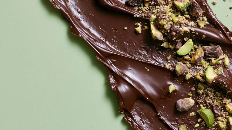Dark chocolate smeared and drizzled with crushed pistachios on a green surface