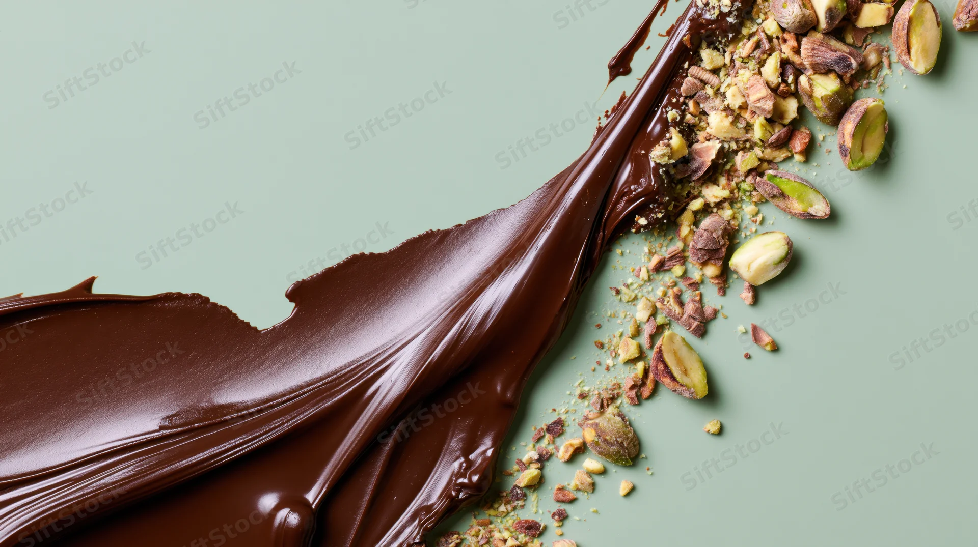 Melted chocolate smeared and drizzled with chopped pistachios on a flat surface