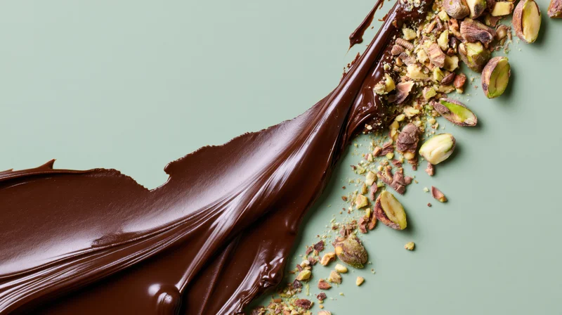 Melted chocolate smeared and drizzled with chopped pistachios on a flat surface