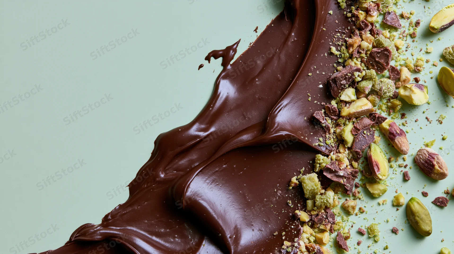 Melted chocolate spread with crushed pistachios on a mint green surface