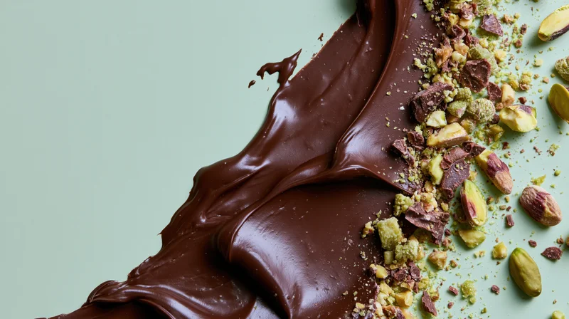 Melted chocolate spread with crushed pistachios on a mint green surface