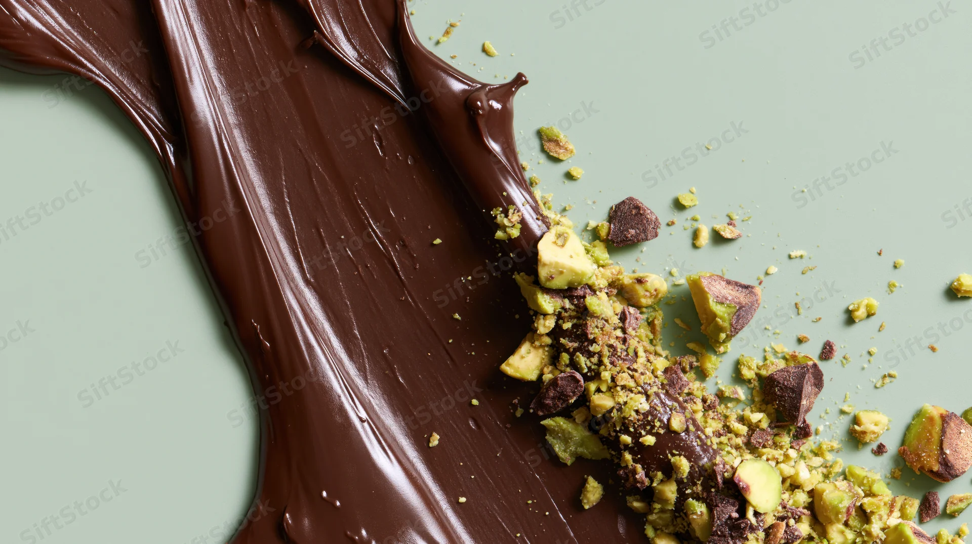 Melted chocolate smeared across a flat surface with crushed pistachios scattered on top
