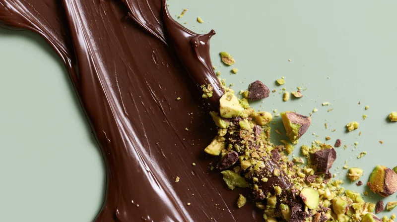 Melted chocolate smeared across a flat surface with crushed pistachios scattered on top