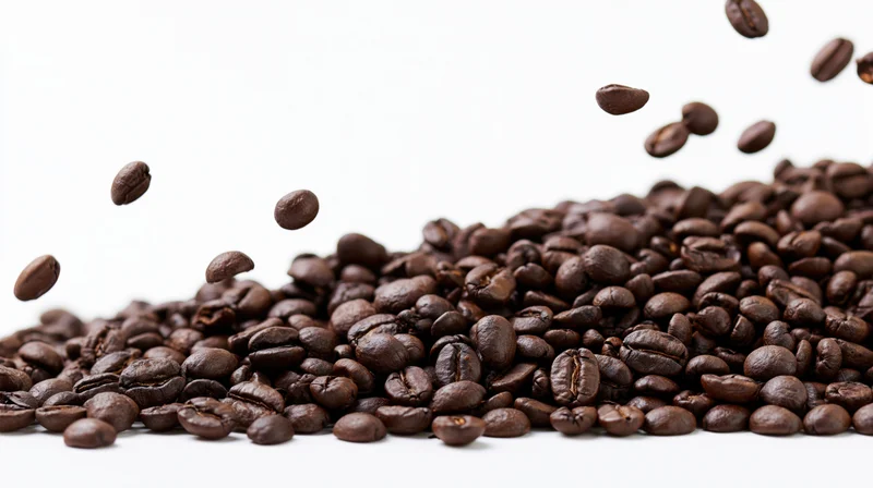 Dark roasted coffee beans falling and scattered in a pile on white background