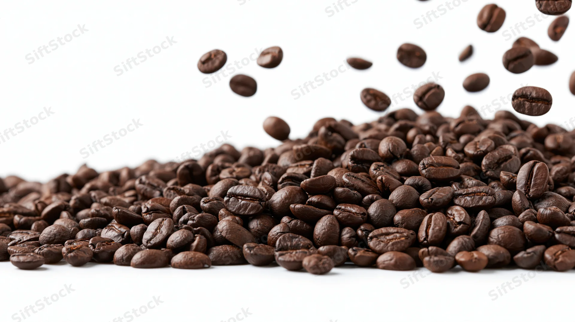 Dark roasted coffee beans falling and scattered in a pile on white background