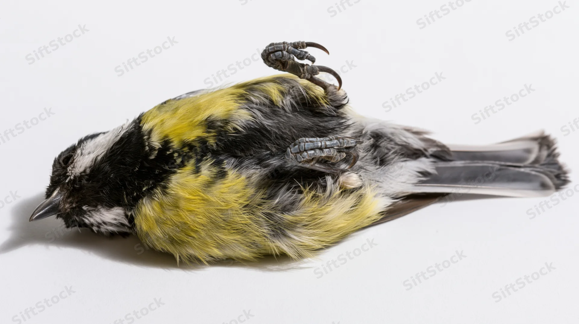 Dead great tit lying on its back on a plain white surface