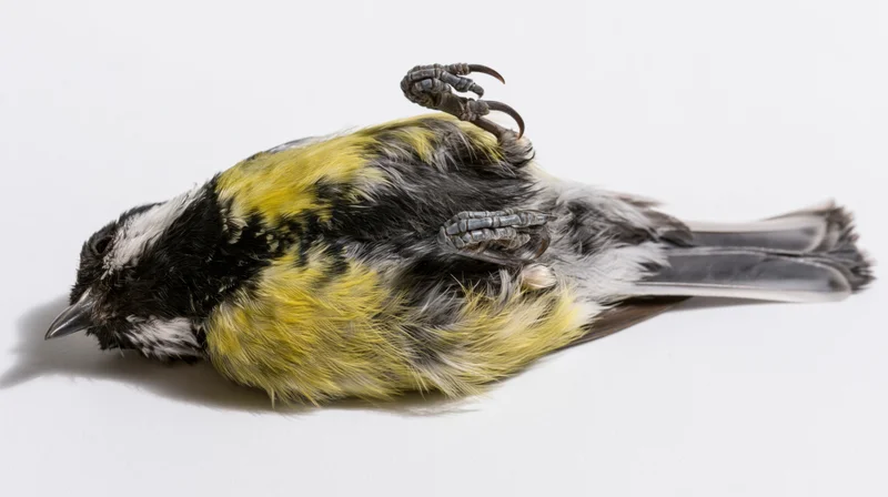 Dead great tit lying on its back on a plain white surface