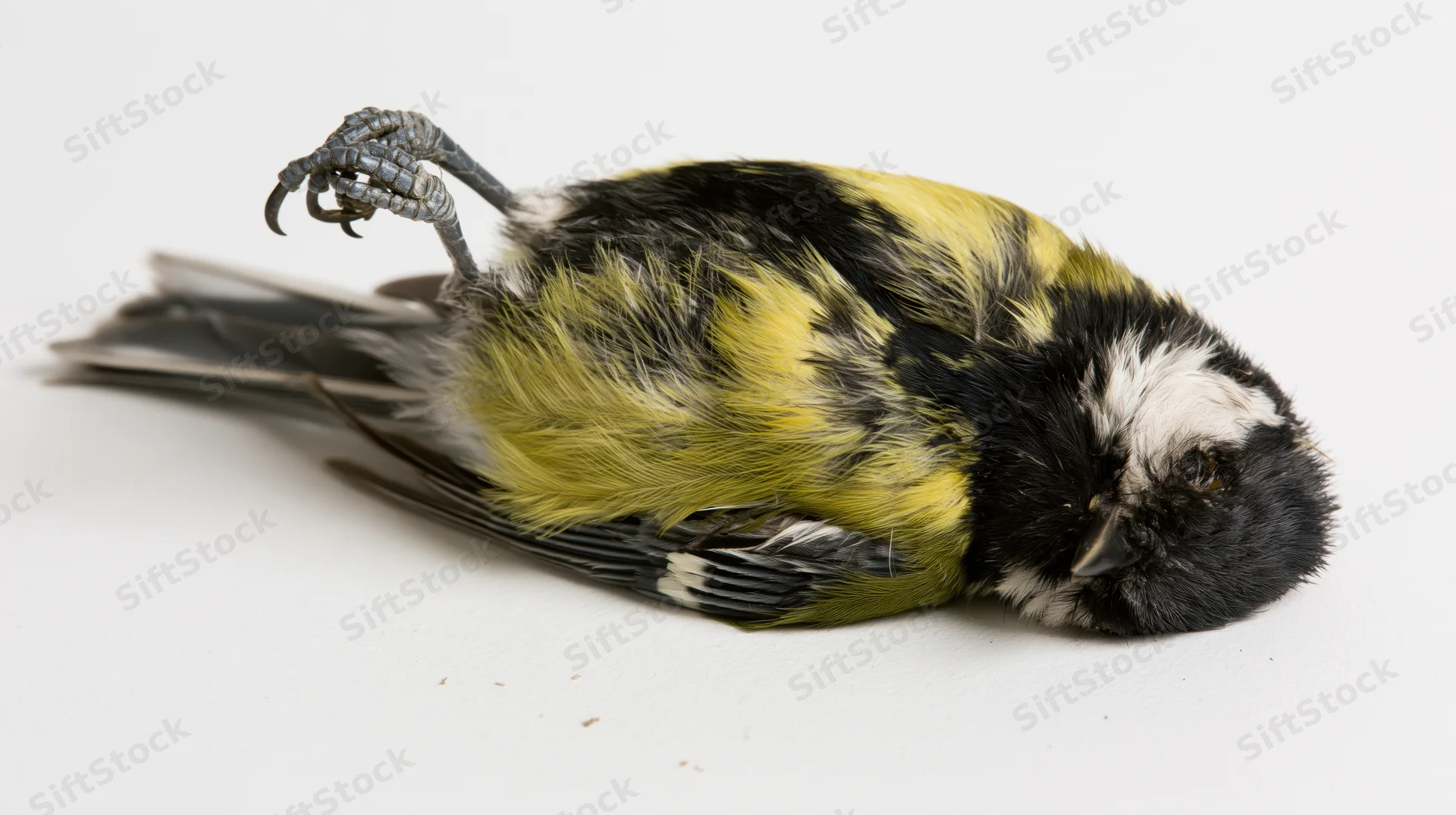 Dead great tit lying on its back on a plain white surface