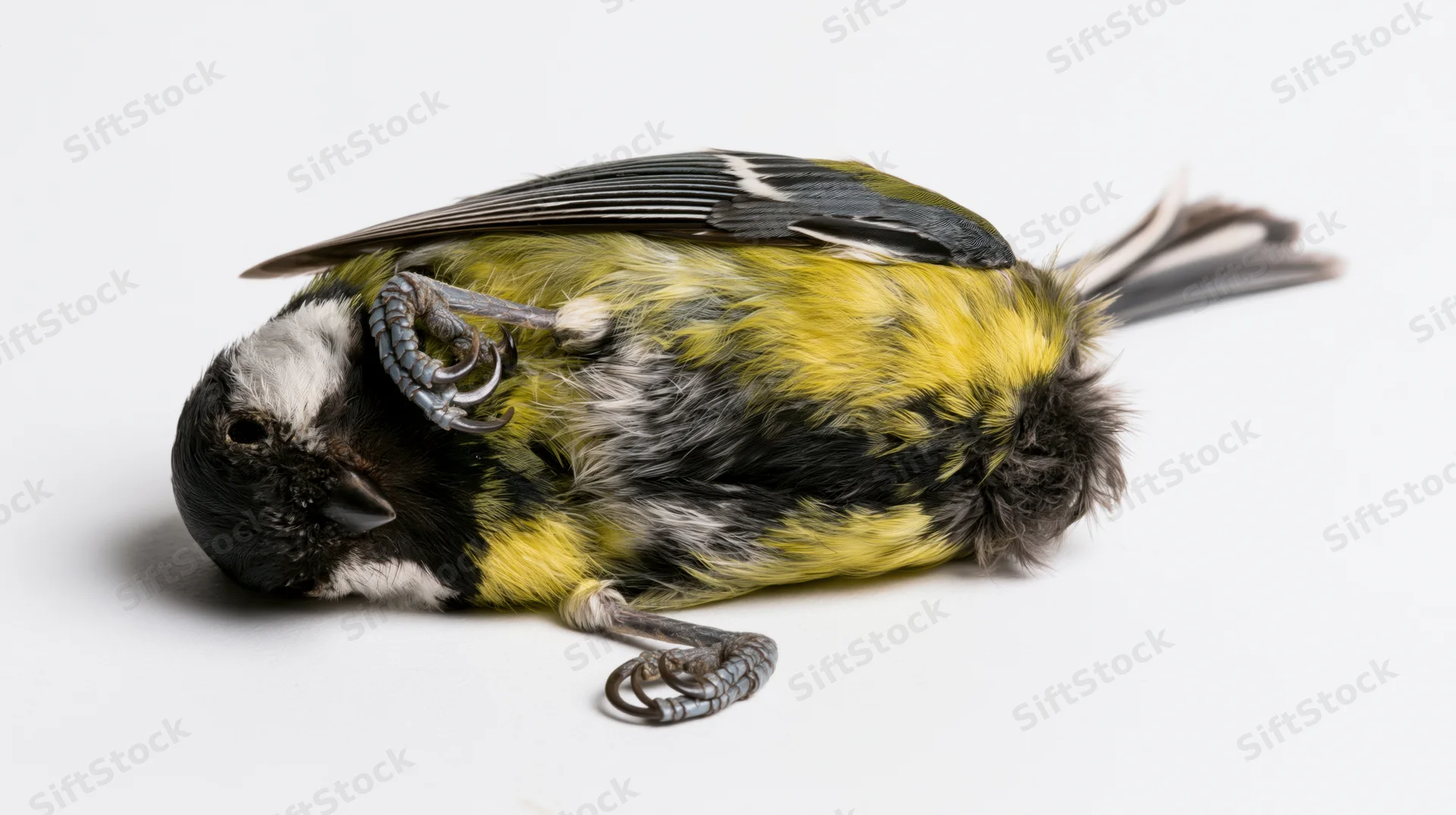 Dead great tit lying on its back on a plain white surface