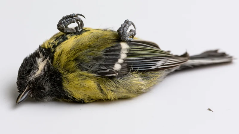 Dead great tit lying on its back on a plain white surface