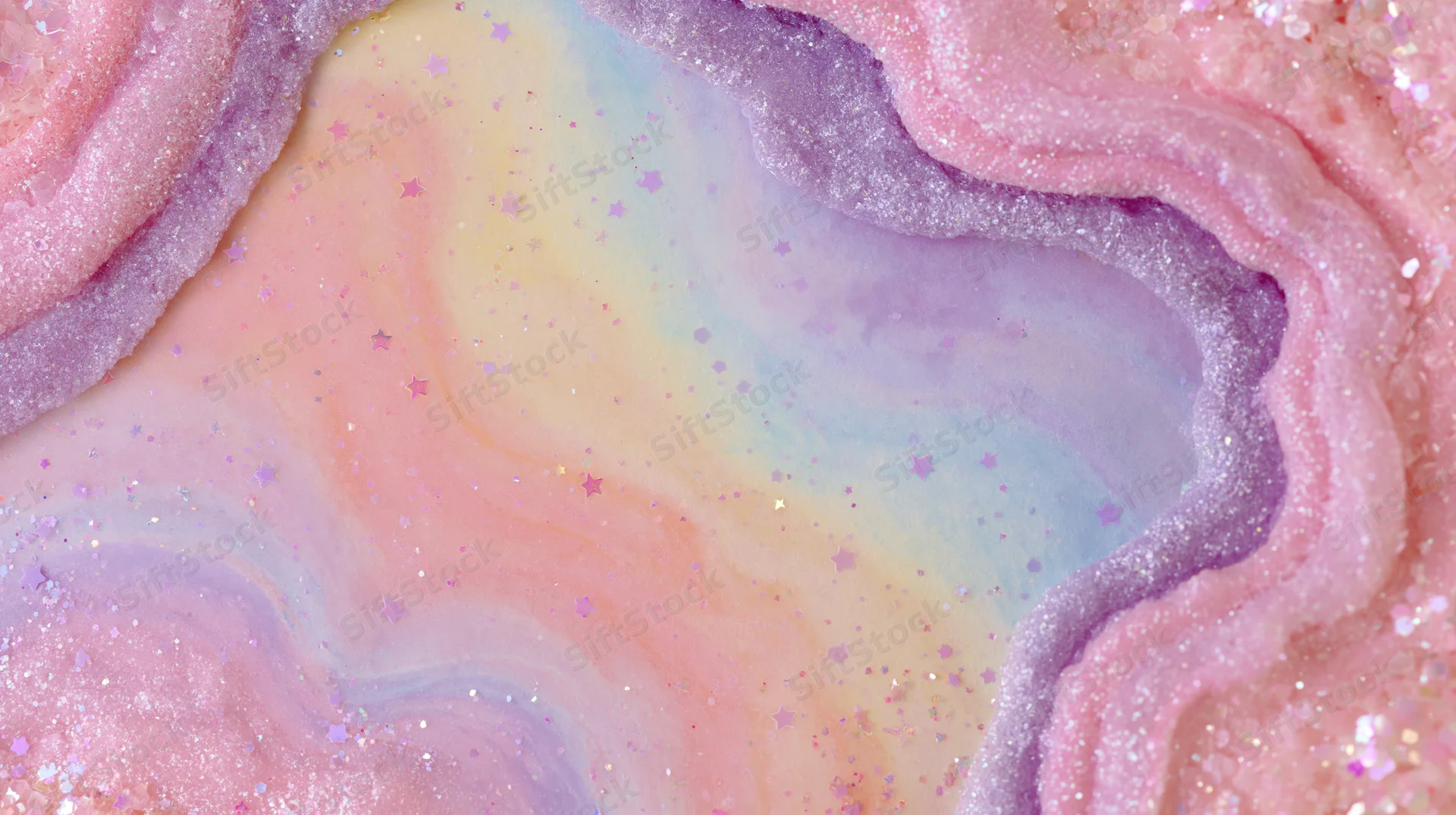 Pastel fantasy background with wavy pink and purple swirls and glittery stars