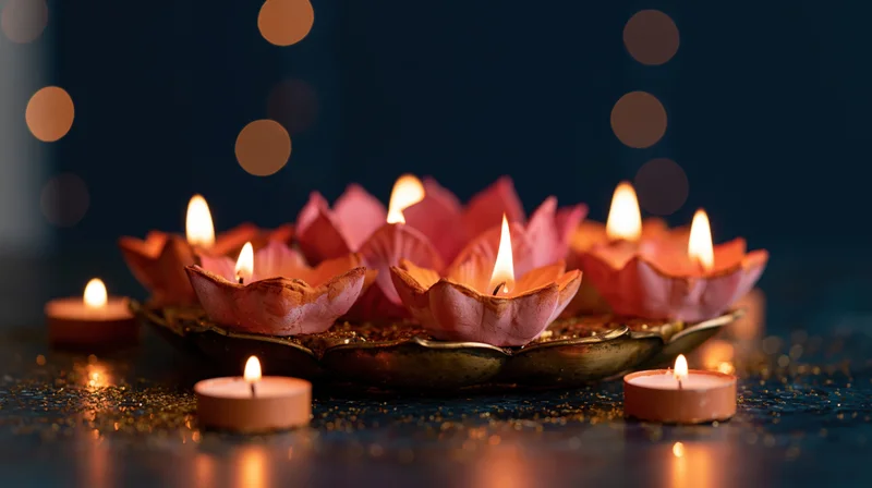Clay diya oil lamps shaped like lotus flowers lit on a dark surface with golden glitter and bokeh lights around