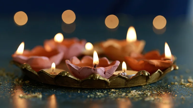Clay diya oil lamps shaped like lotus flowers lit on a decorative tray with glitter and bokeh lights in the background