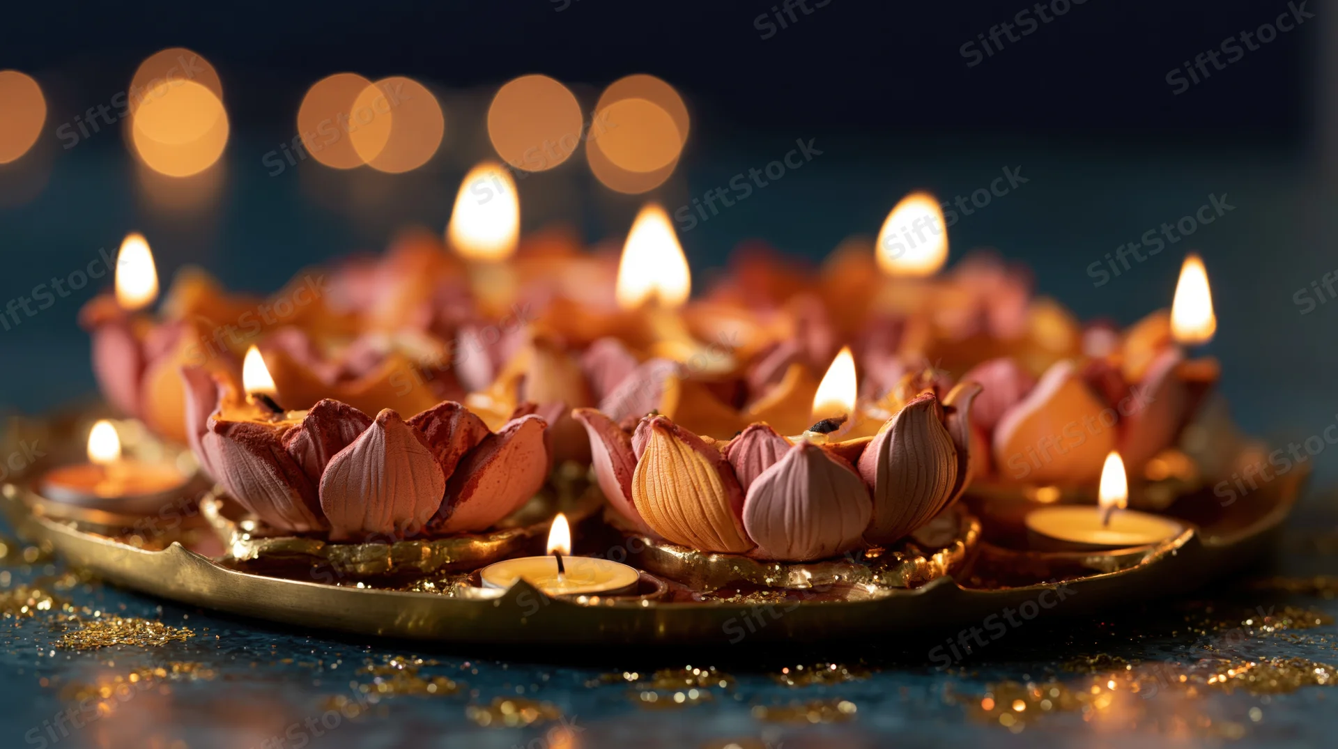 Clay diya oil lamps shaped like lotus flowers arranged on a metal tray with glowing flames and scattered glitter against a dark background