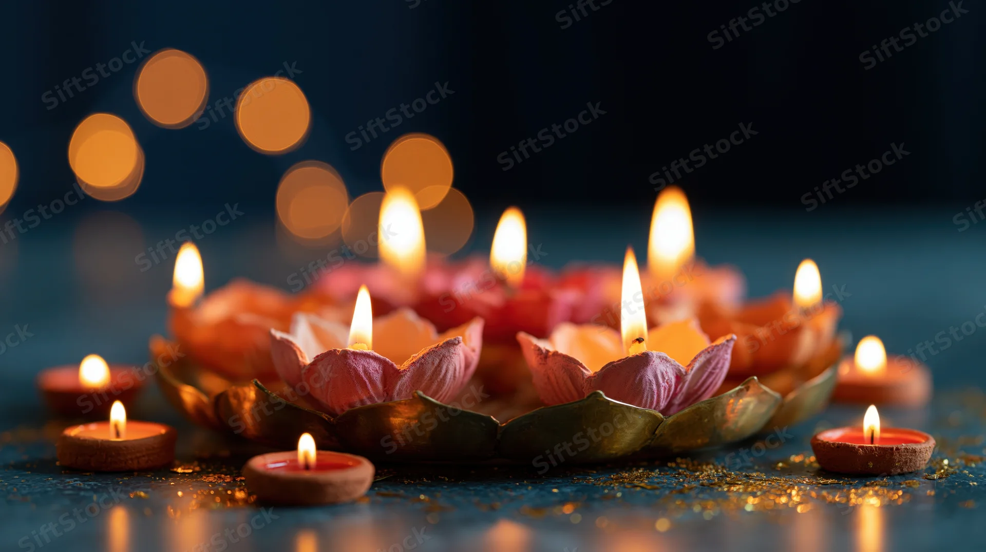 Clay diya oil lamps arranged in a lotus-shaped holder with glowing flames on a dark surface