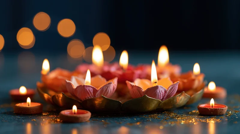 Clay diya oil lamps arranged in a lotus-shaped holder with glowing flames on a dark surface