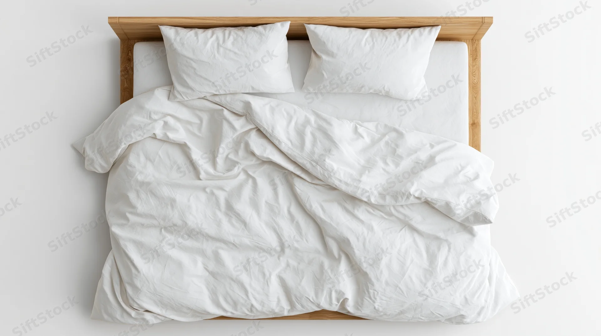Double bed with wooden oak frame and white cotton bedding, unmade, viewed from above in a minimalist bedroom