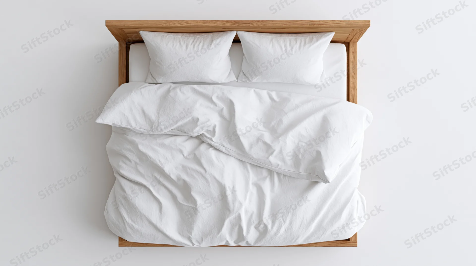 Double bed with white cotton bedding and wooden oak frame in minimalist bedroom