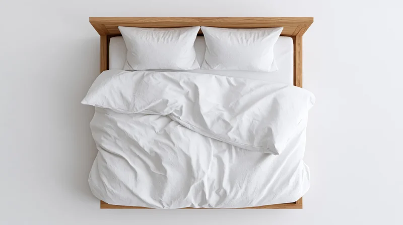 Double bed with white cotton bedding and wooden oak frame in minimalist bedroom